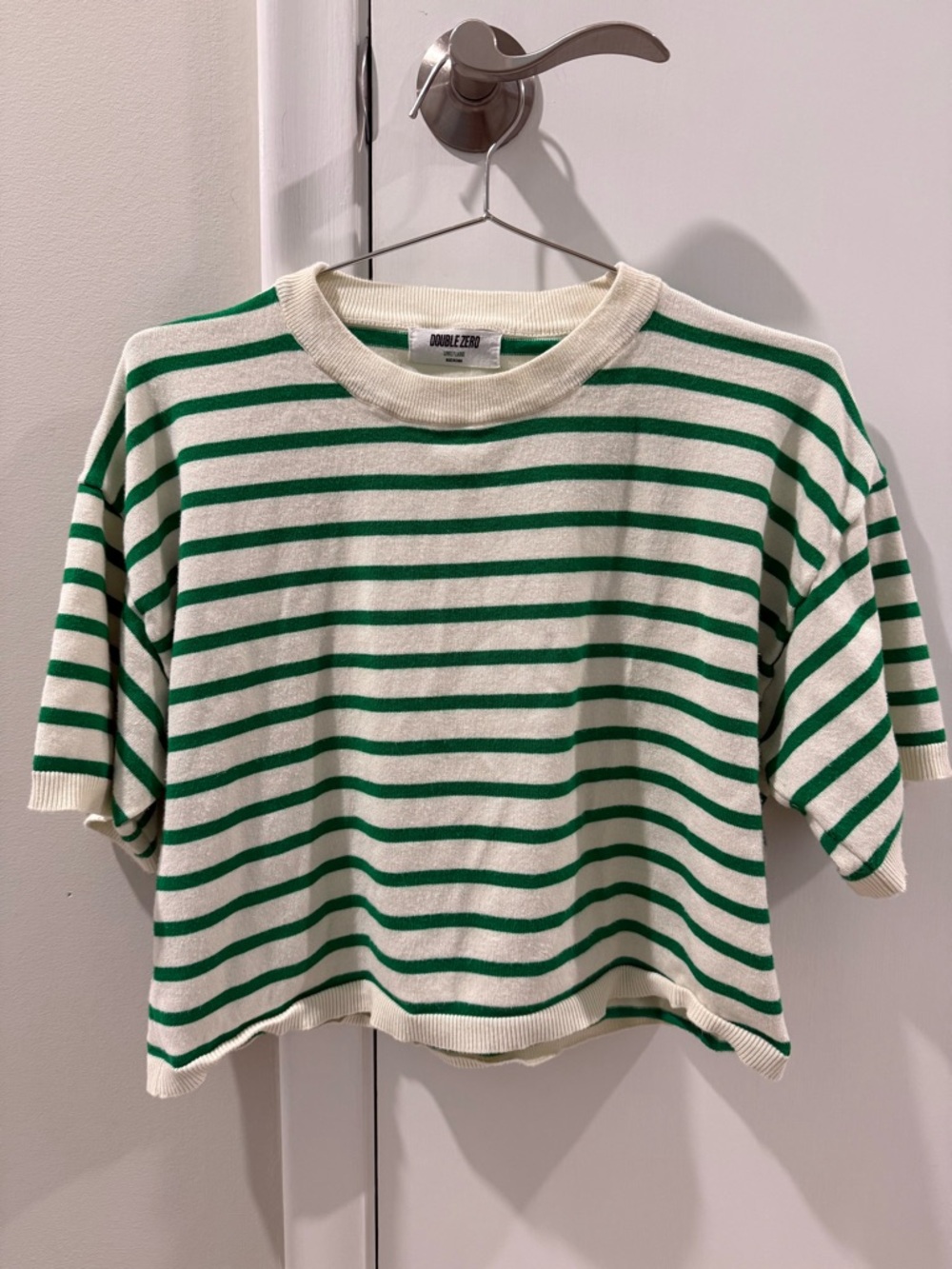 Double Zero Green & White Striped Knit Crop short sleeve sweater